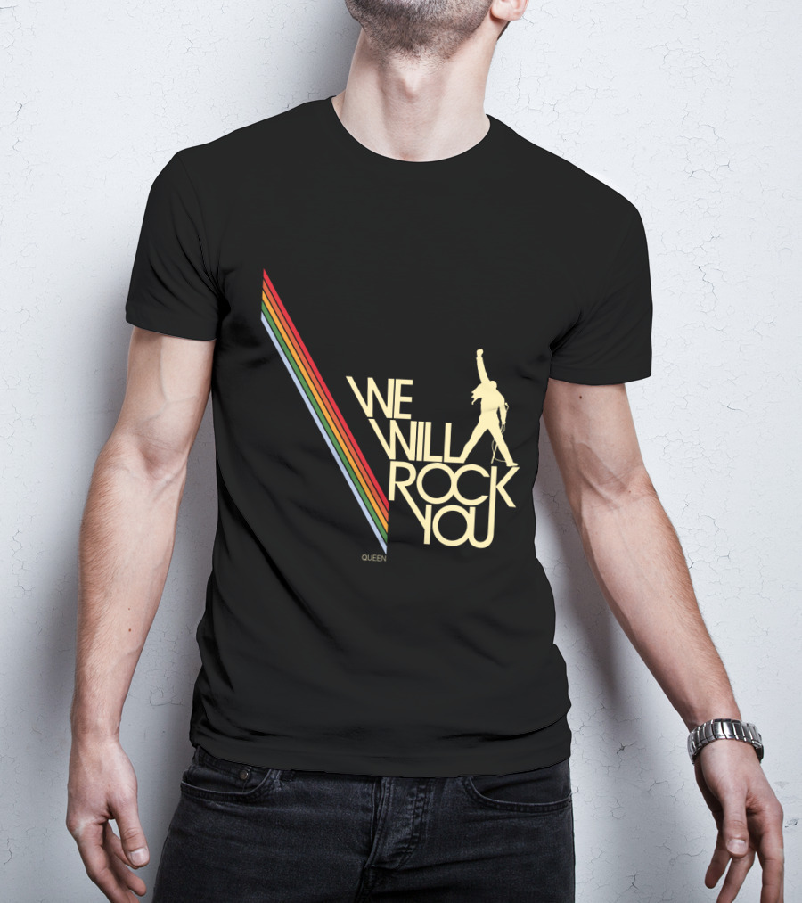 Queen We Will Rock You Silhouette Logo Rainbow Stripes T-Shirt