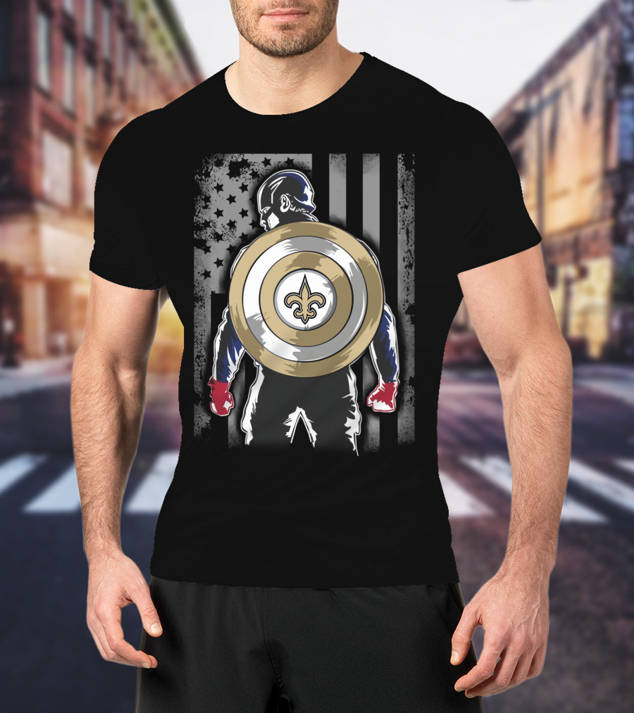 New Orleans Saints Captain America Shield Fleur-de-Lis American Flag Hero T-Shirt