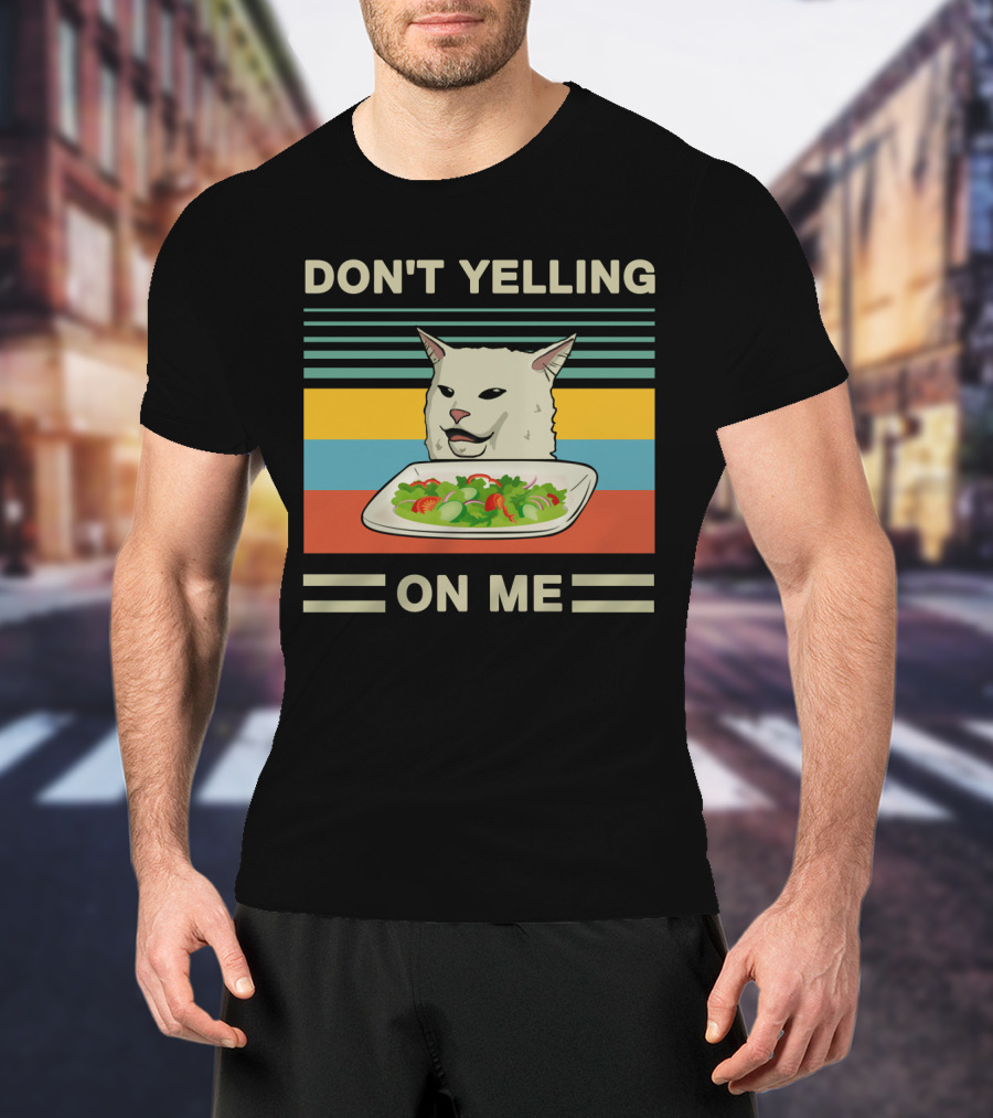 DON'T YELLING ON ME Cat Meme With Salad And Retro Stripes T-Shirt