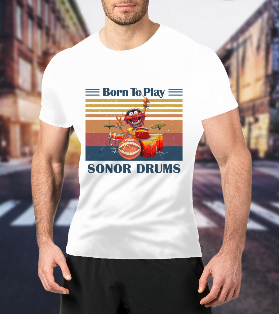 Born To Play Sonor Drums Animal Muppet Featuring Vintage Sunset Stripes T-Shirt