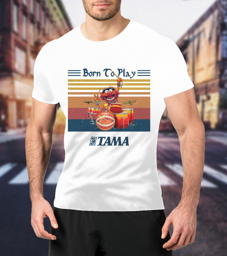 Born To Play TAMA Drum Set With Enthusiastic Drumming Character T-Shirt