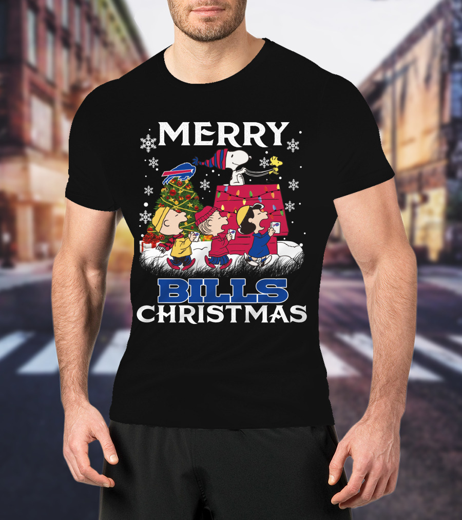 Buffalo Bills Snoopy Merry Christmas With Peanuts Characters And Festive Tree T-Shirt