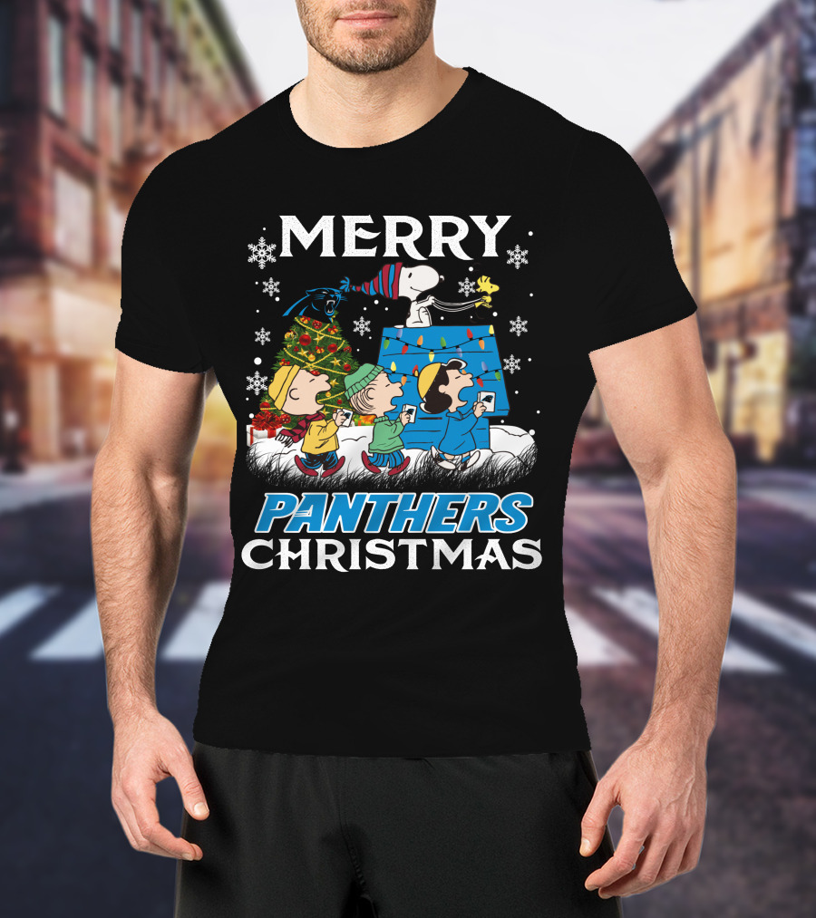 Merry Panthers Christmas Snoopy And Friends Holiday Scene T-Shirt