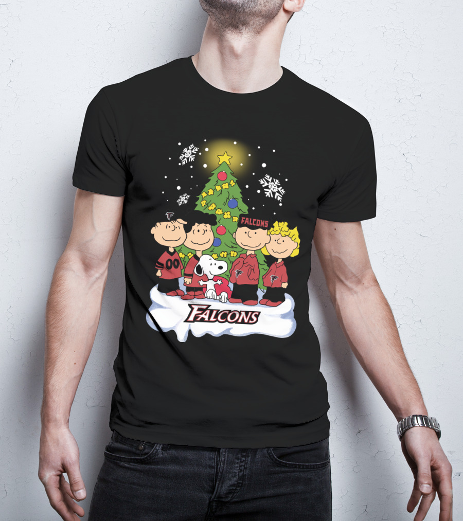 Snoopy Atlanta Falcons Christmas Peanuts Characters Snowflakes Tree T-Shirt