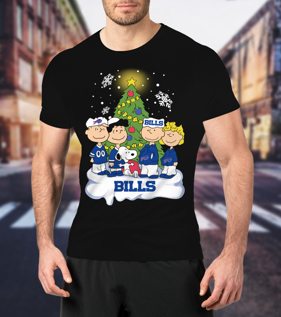 Snoopy And Peanuts Characters Celebrating With Buffalo Bills Christmas Tree T-Shirt