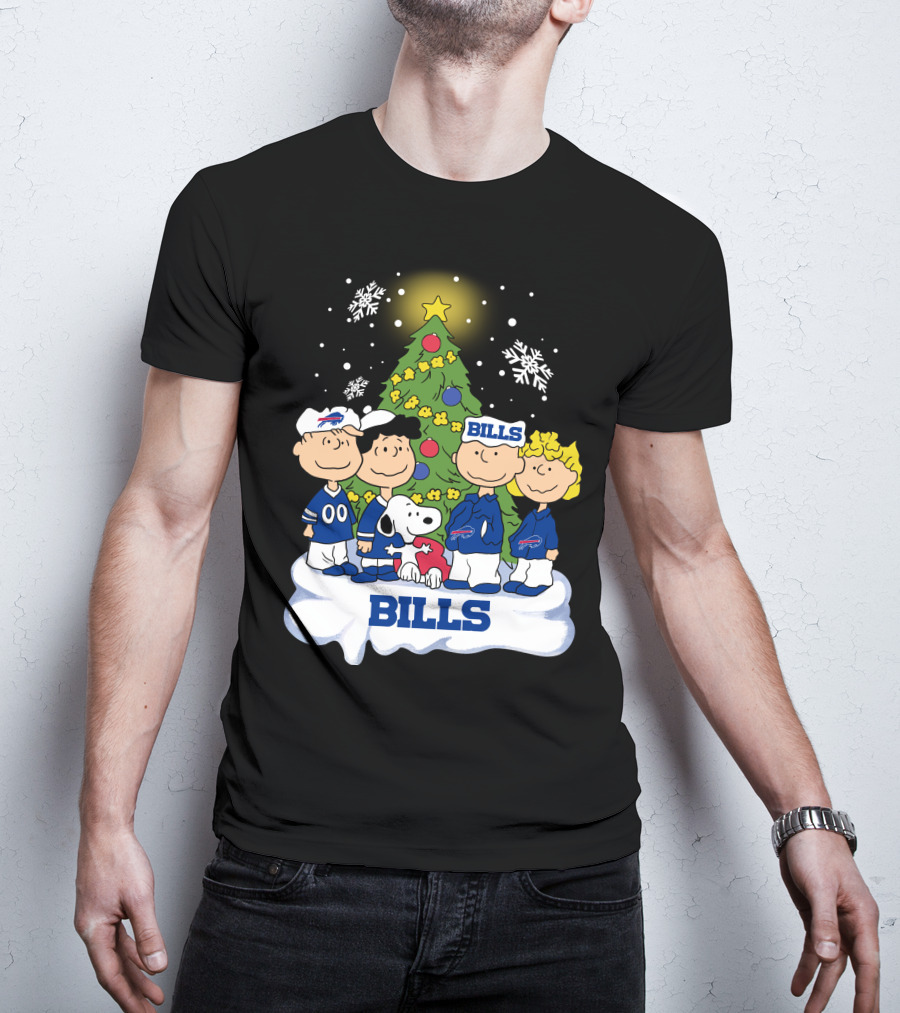 Snoopy And Peanuts Characters Celebrating With Buffalo Bills Christmas Tree T-Shirt