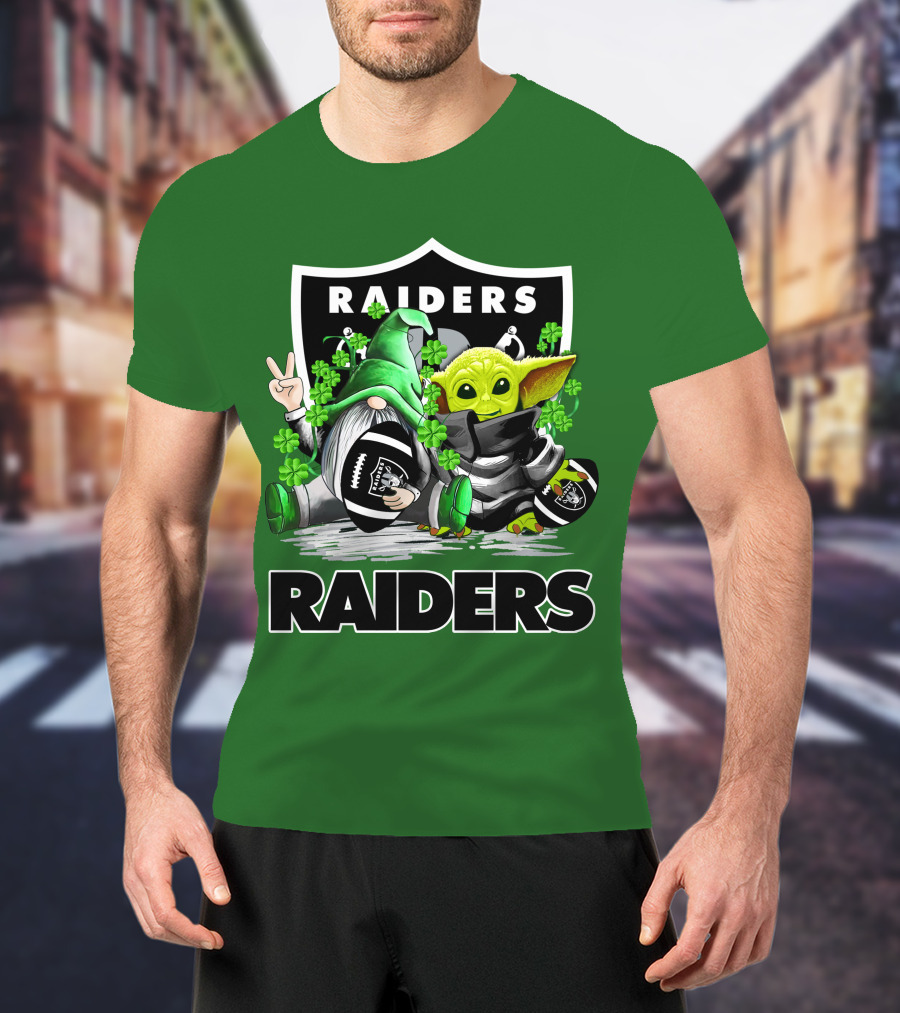Raiders St. Patrick’s Day Football Gnome And Baby Alien With Clover Footballs T-Shirt