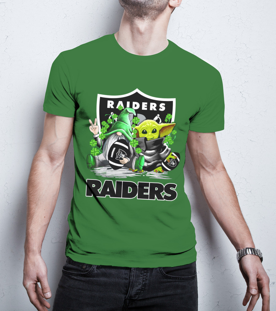 Raiders St. Patrick’s Day Football Gnome And Baby Alien With Clover Footballs T-Shirt