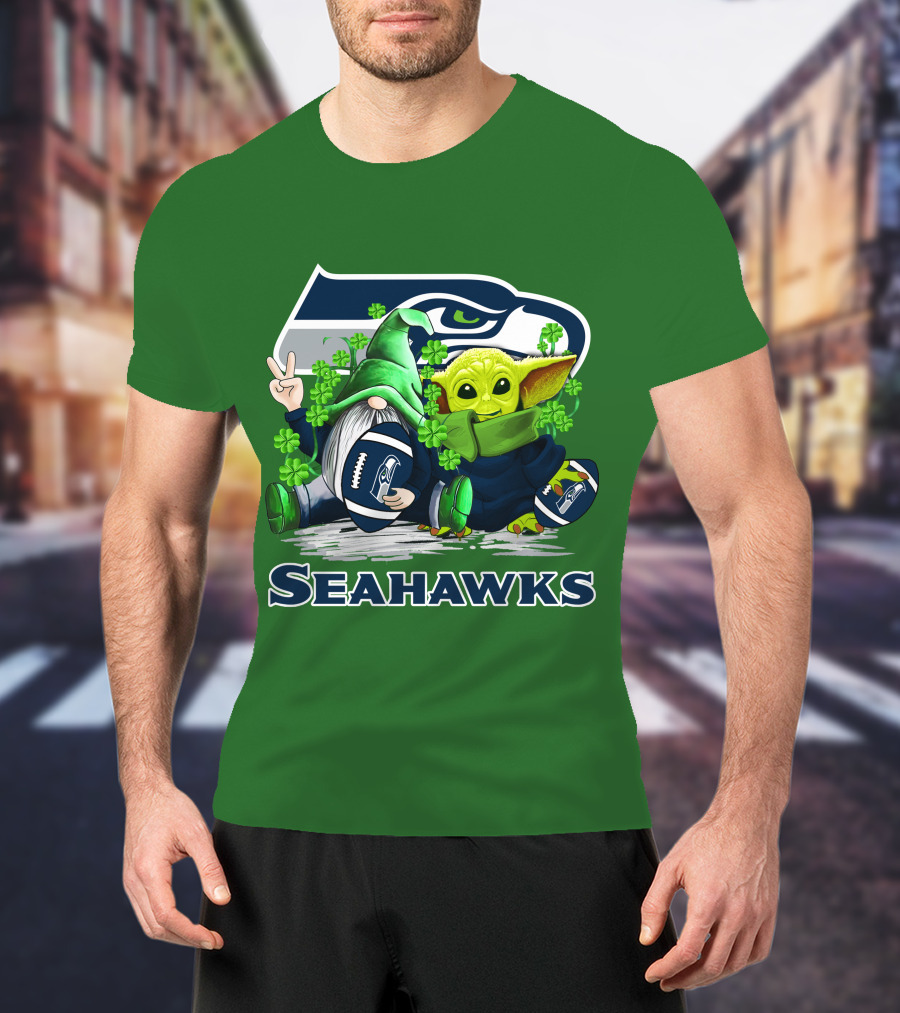 Seattle Seahawks St. Patrick's Day Gnome And Baby Yoda Football T-Shirt