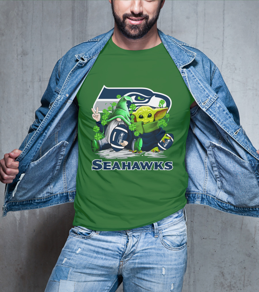 Seattle Seahawks St. Patrick's Day Gnome And Baby Yoda Football T-Shirt