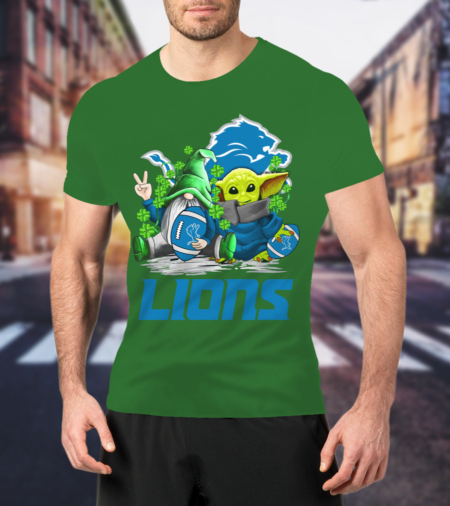 Detroit Lions St. Patrick's Day Gnome And Yoda Football T-Shirt