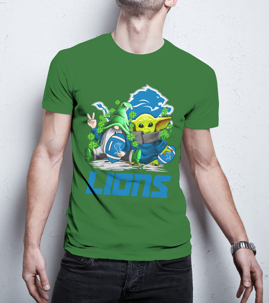 Detroit Lions St. Patrick's Day Gnome And Yoda Football T-Shirt