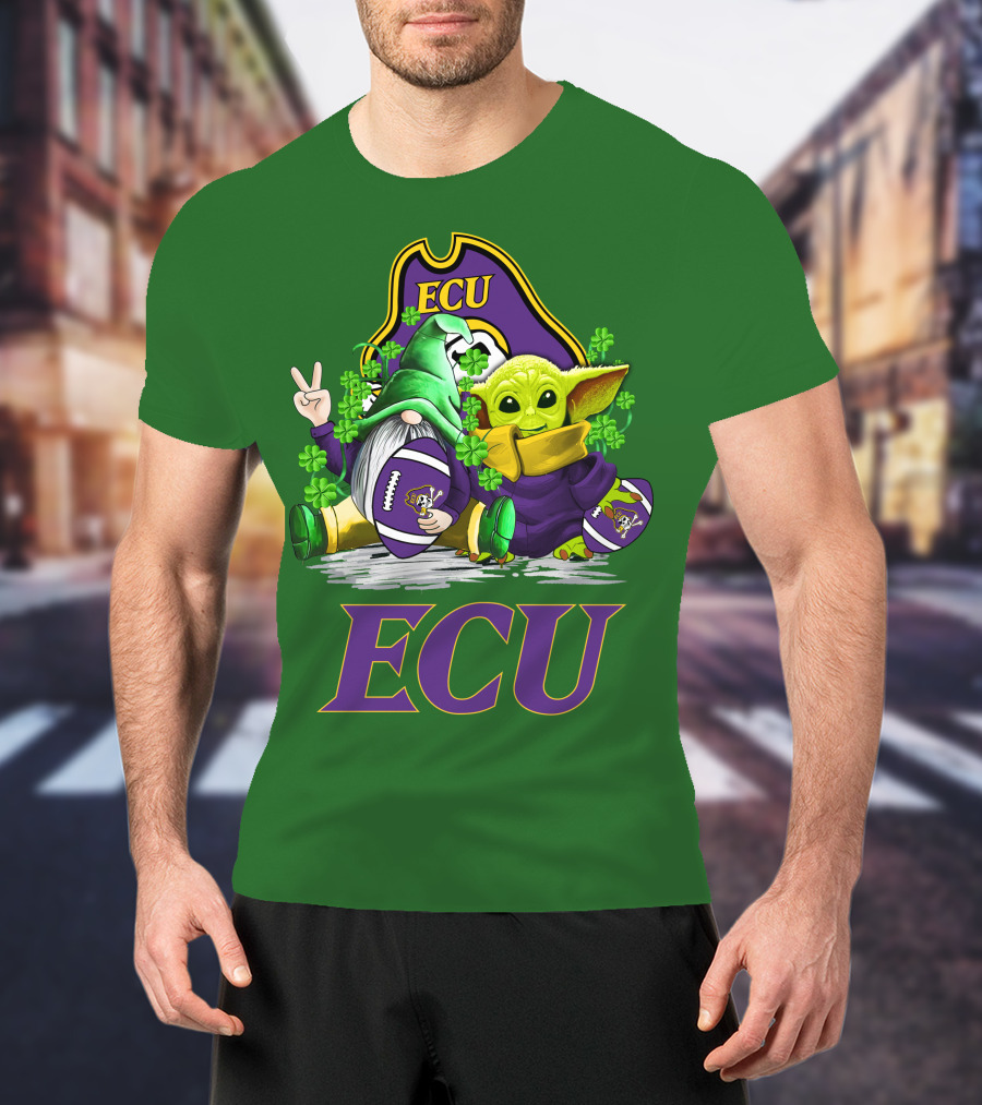 ECU East Carolina Pirates Football St. Patrick's Day Celebration With Gnome And Baby Alien T-Shirt