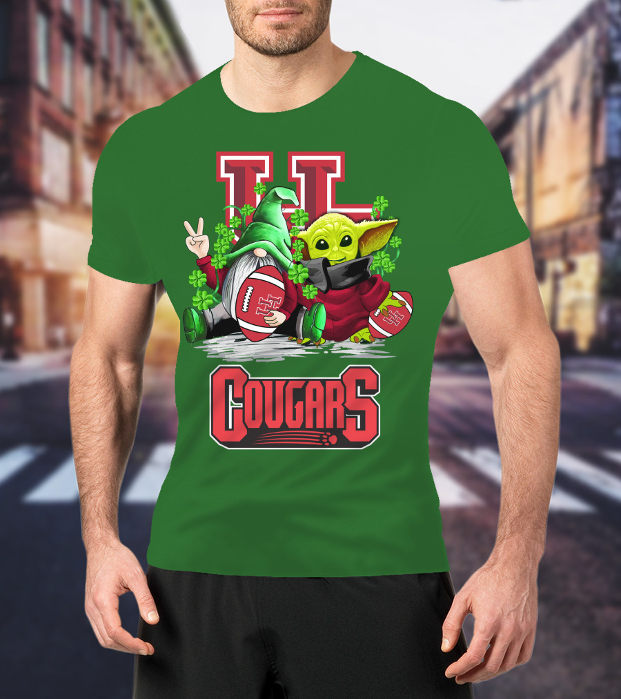 Houston Cougars St. Patrick's Day Football With Gnome And Green Character T-Shirt