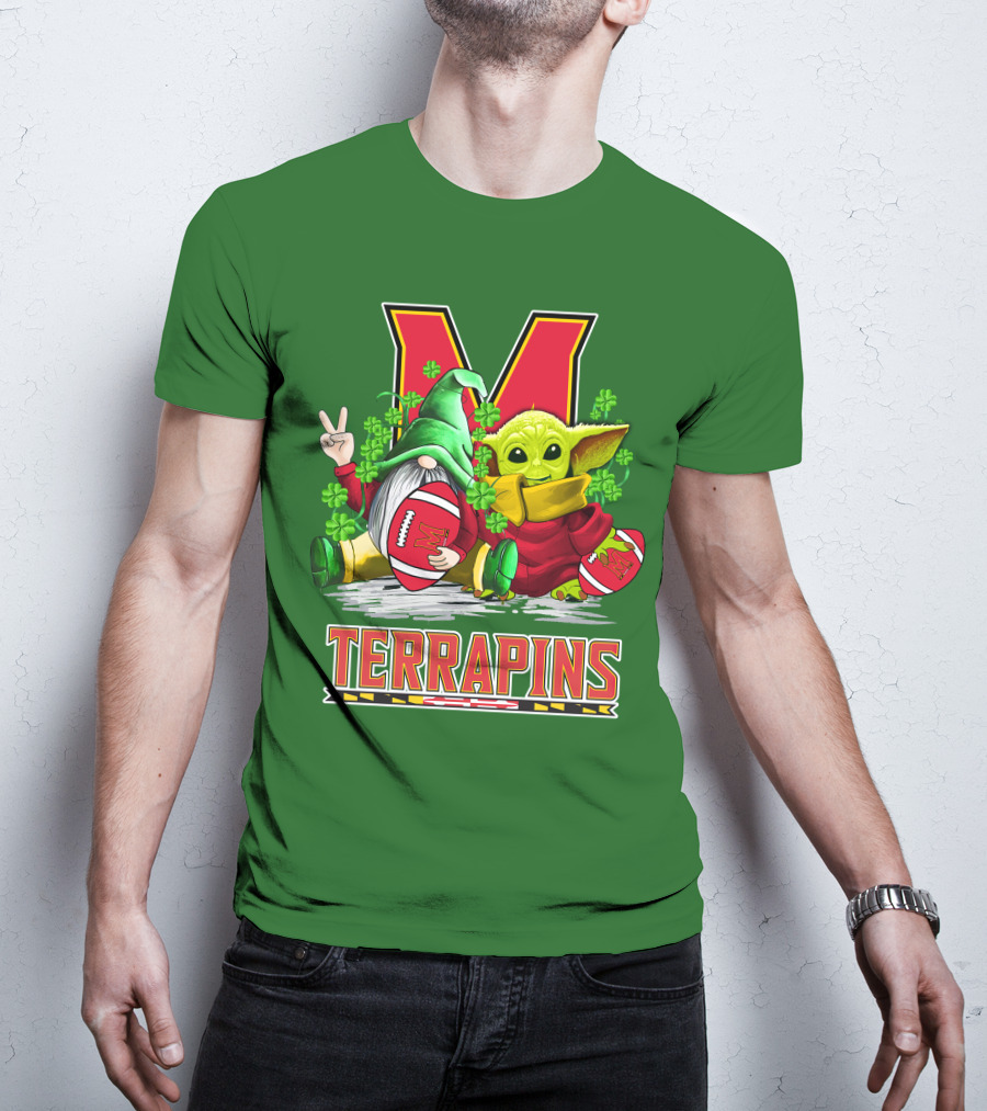 Maryland Terrapins Football St. Patrick's Day Gnome And Baby Yoda T-Shirt