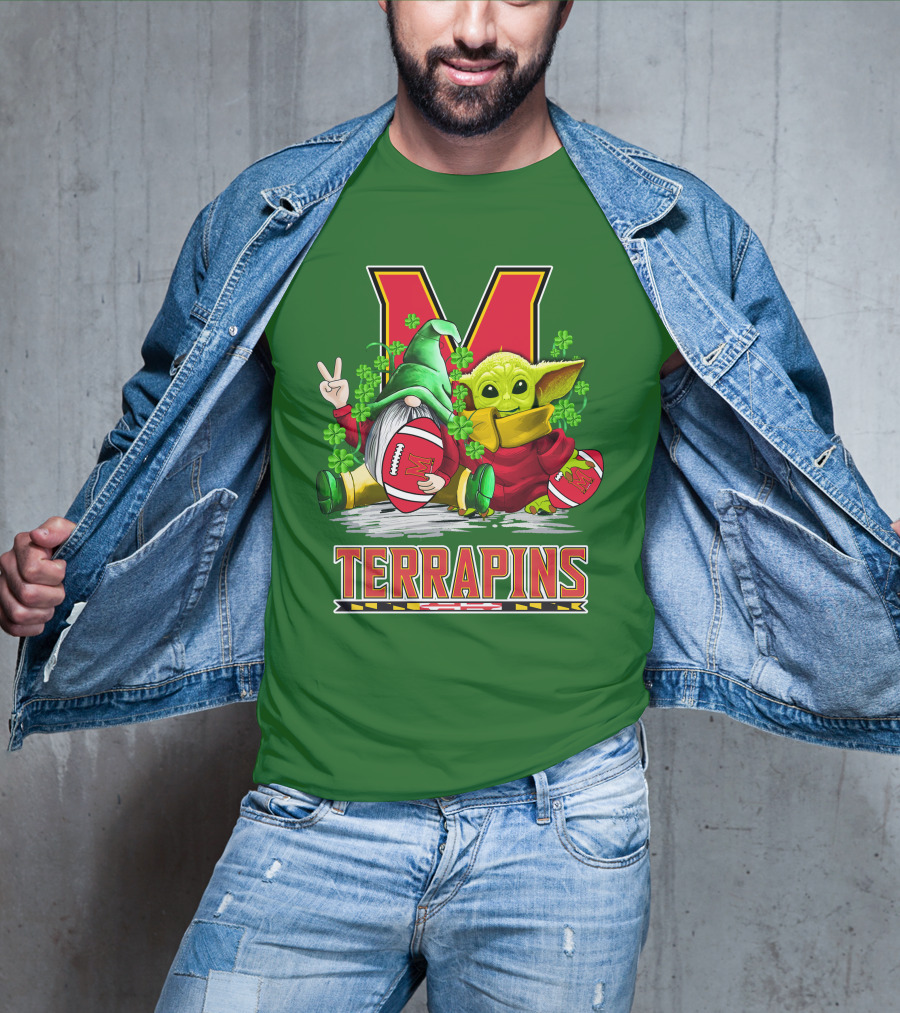 Maryland Terrapins Football St. Patrick's Day Gnome And Baby Yoda T-Shirt