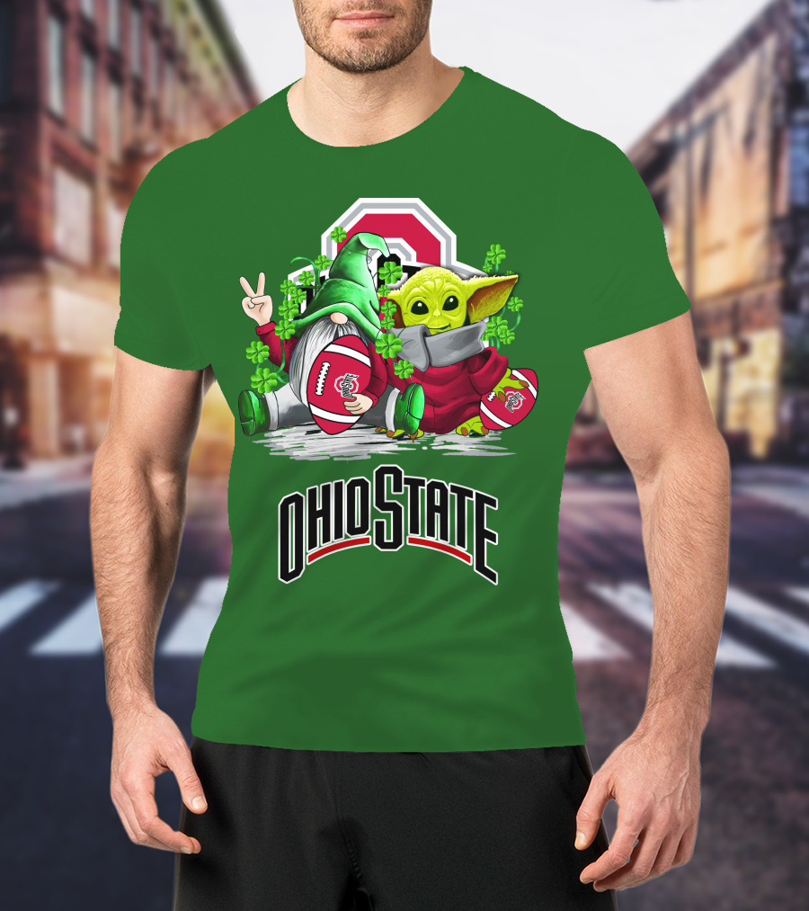 Ohio State Buckeyes Football St. Patrick’s Day Gnome And Yoda With Shamrocks T-Shirt