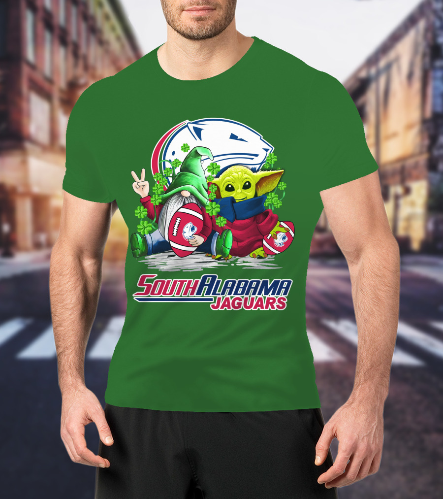 South Alabama Jaguars Football St. Patrick's Day Gnome And Baby Alien With Shamrocks T-Shirt