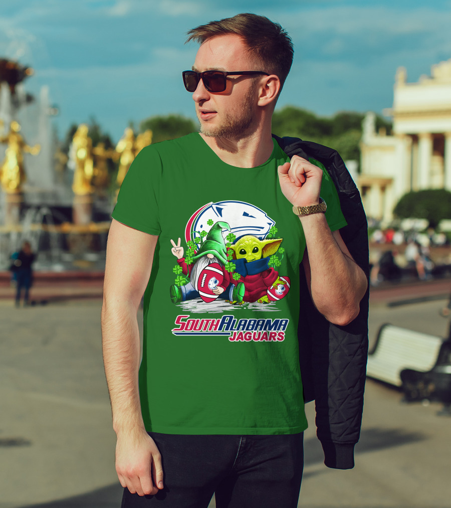 South Alabama Jaguars Football St. Patrick's Day Gnome And Baby Alien With Shamrocks T-Shirt