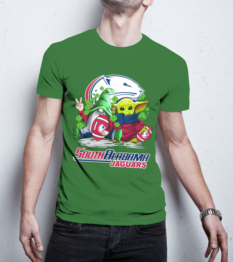 South Alabama Jaguars Football St. Patrick's Day Gnome And Baby Alien With Shamrocks T-Shirt