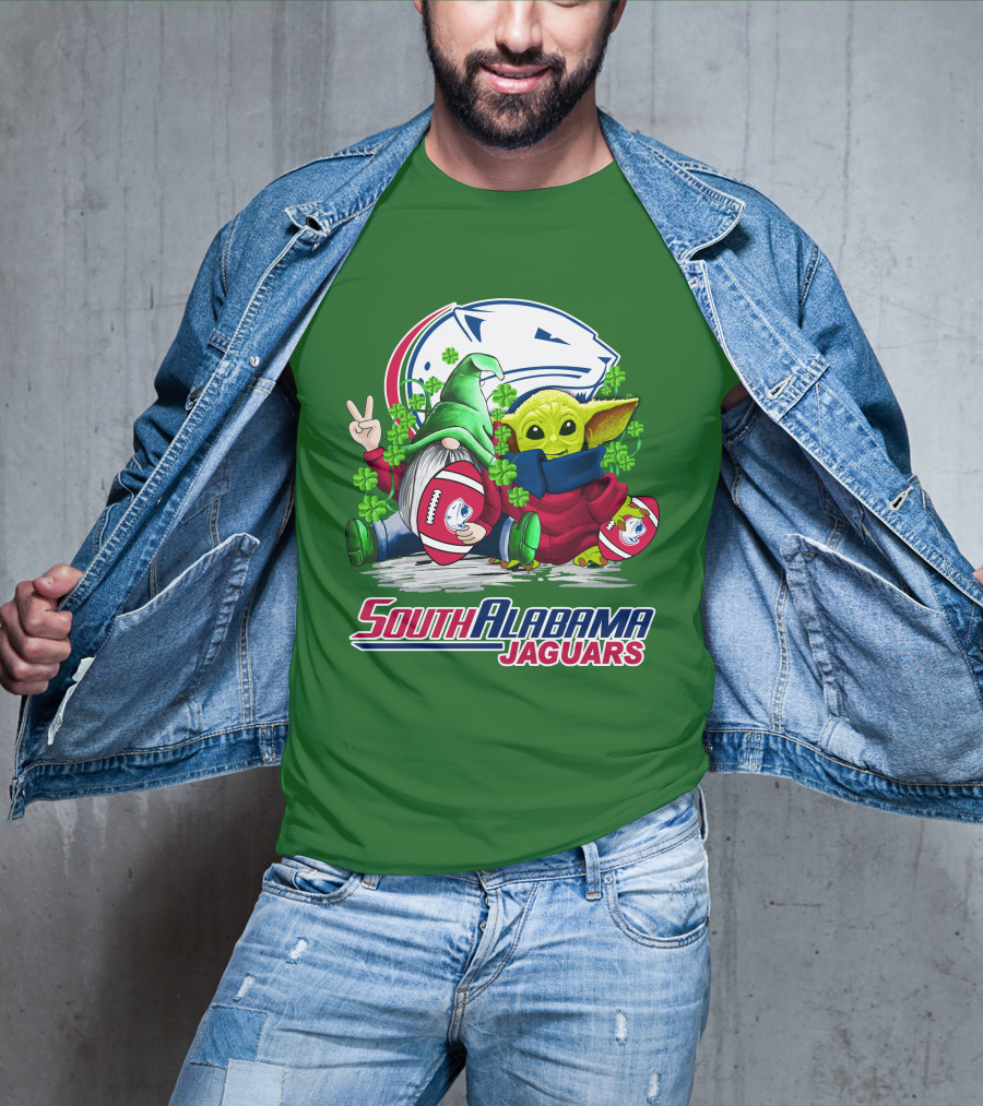 South Alabama Jaguars Football St. Patrick's Day Gnome And Baby Alien With Shamrocks T-Shirt
