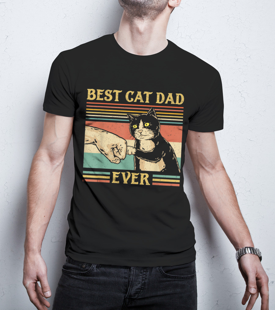 Best Cat Dad Ever Vintage Fist Bump Retro Stripes T-Shirt
