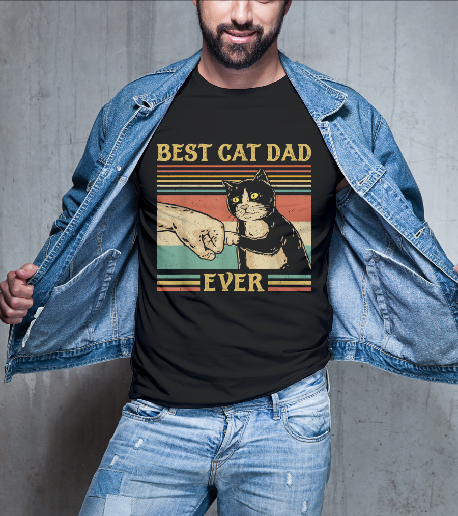 Best Cat Dad Ever Vintage Fist Bump Retro Stripes T-Shirt