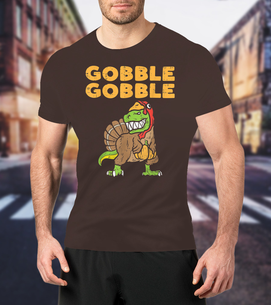 Gobble Gobble T-Rex Dinosaur Turkey Holding Pumpkin T-Shirt