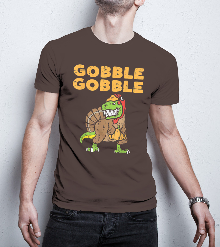 Gobble Gobble T-Rex Dinosaur Turkey Holding Pumpkin T-Shirt