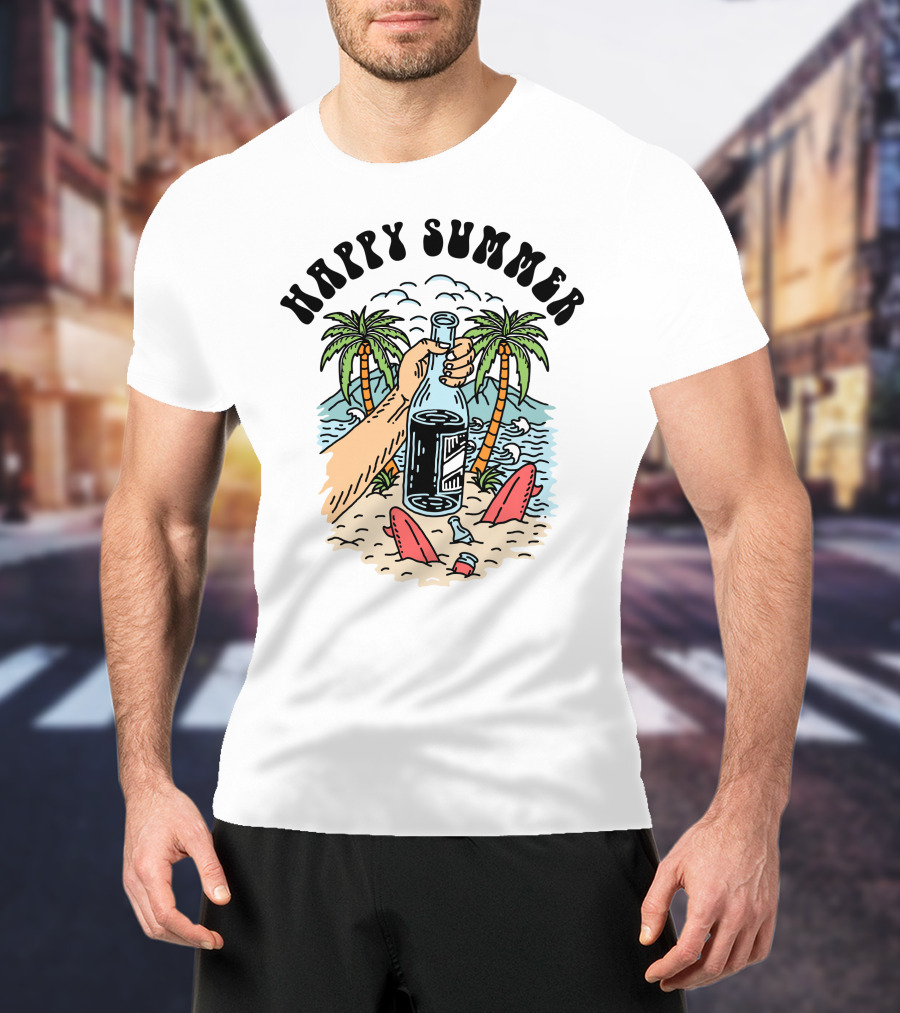 Happy Summer Beach Scene With Palms And Bottle T-Shirt