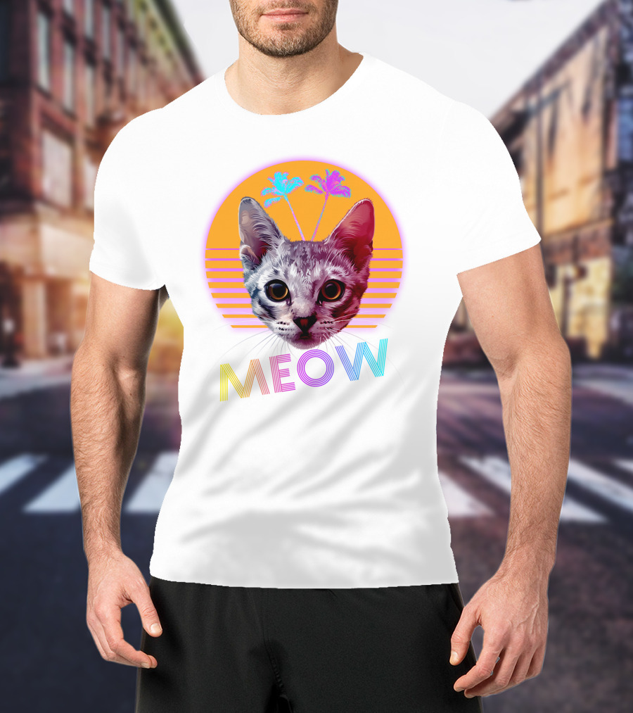 Retro Meow Cat With Palm Trees And Sunset Stripes T-Shirt