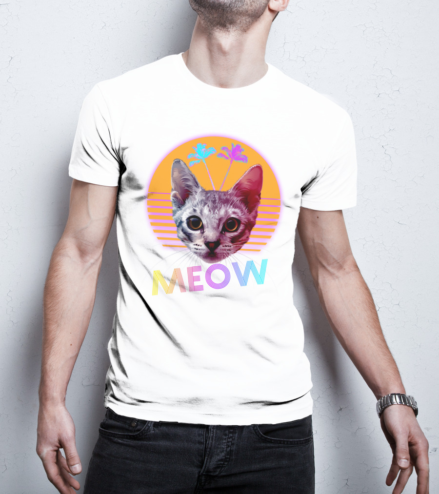 Retro Meow Cat With Palm Trees And Sunset Stripes T-Shirt