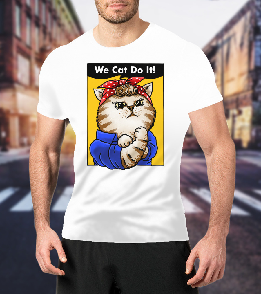 We Cat Do It Humorous Cat With Red Polka Dot Bandana And Blue T-Shirt