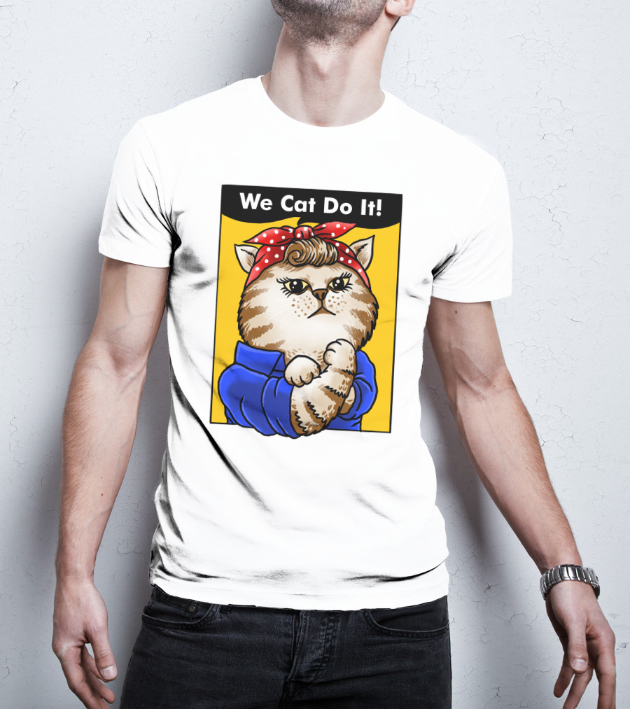 We Cat Do It Humorous Cat With Red Polka Dot Bandana And Blue T-Shirt