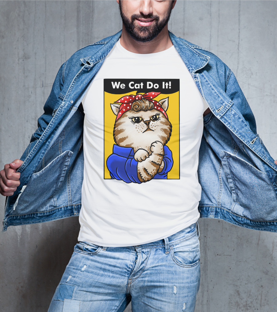 We Cat Do It Humorous Cat With Red Polka Dot Bandana And Blue T-Shirt