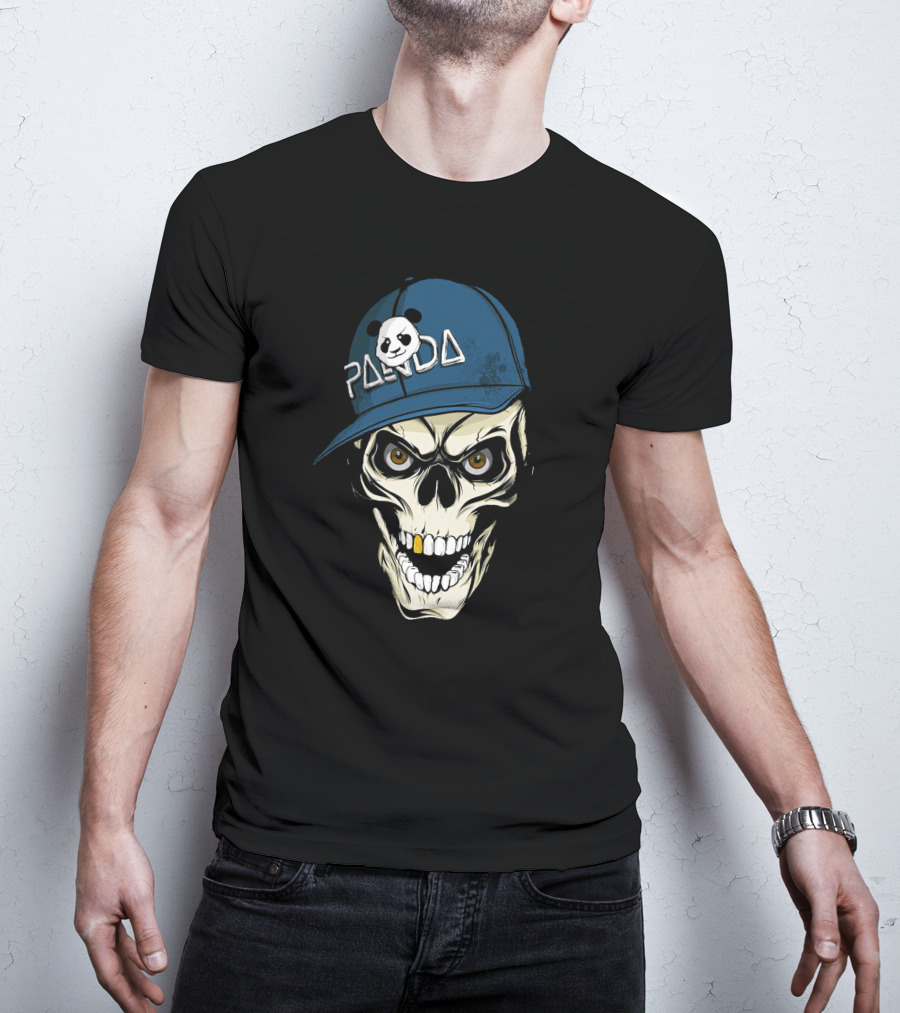 Skull Panda Blue Hat Grinning Face With Panda T-Shirt