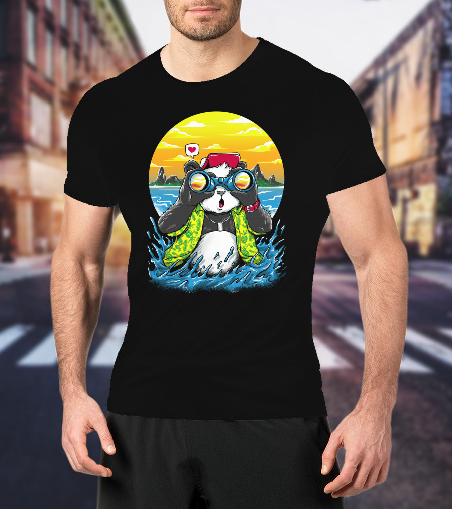 Summer Panda Beach Adventure With Binoculars And Heart T-Shirt