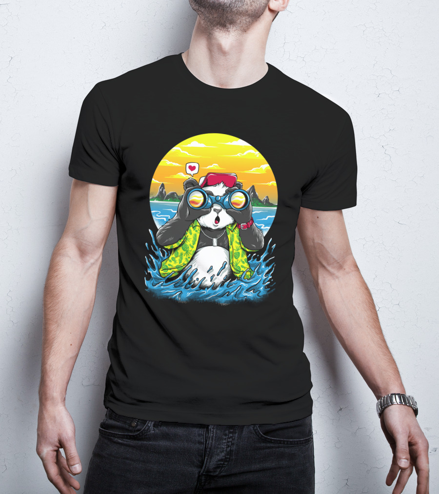 Summer Panda Beach Adventure With Binoculars And Heart T-Shirt