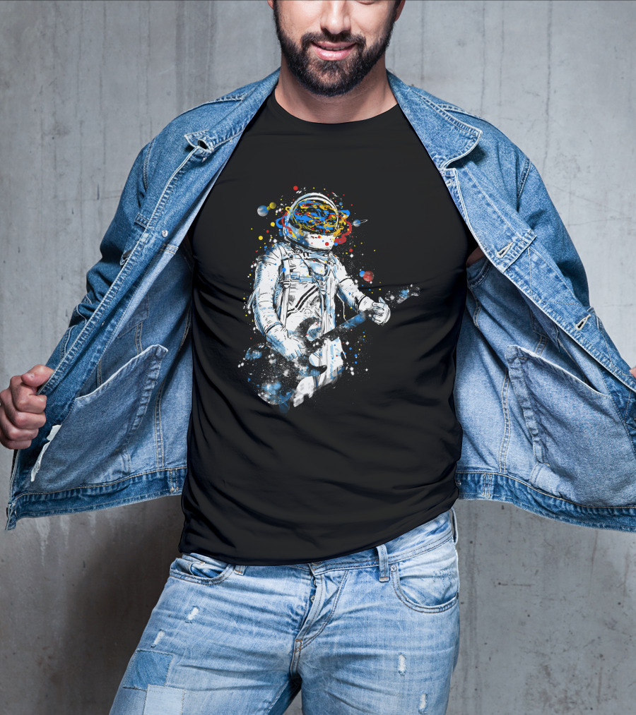Space Guitar Astronaut Playing Cosmic Electric Guitar With Planetary Helmet And Colorful Galaxy T-Shirt