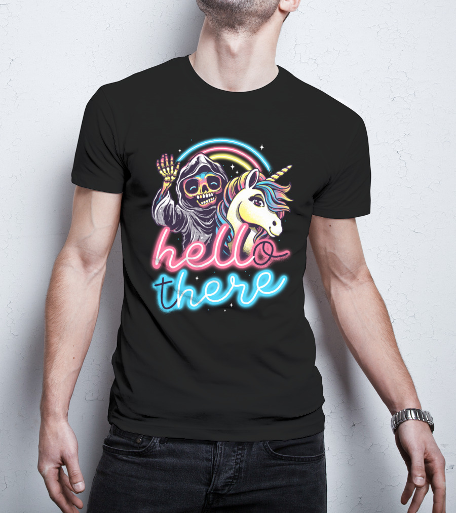 Hello There Grim Reaper And Unicorn Neon Rainbow T-Shirt