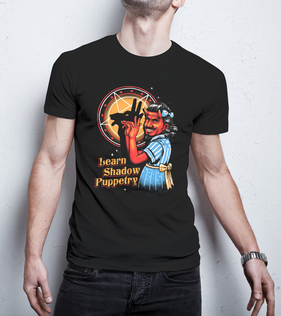 Learn Shadow Puppetry Demonic Child Pentagram Background T-Shirt