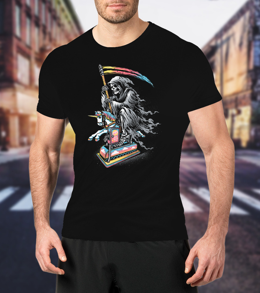 Death Riding Rainbow Scythe Unicorn Carousel Coin-Op T-Shirt