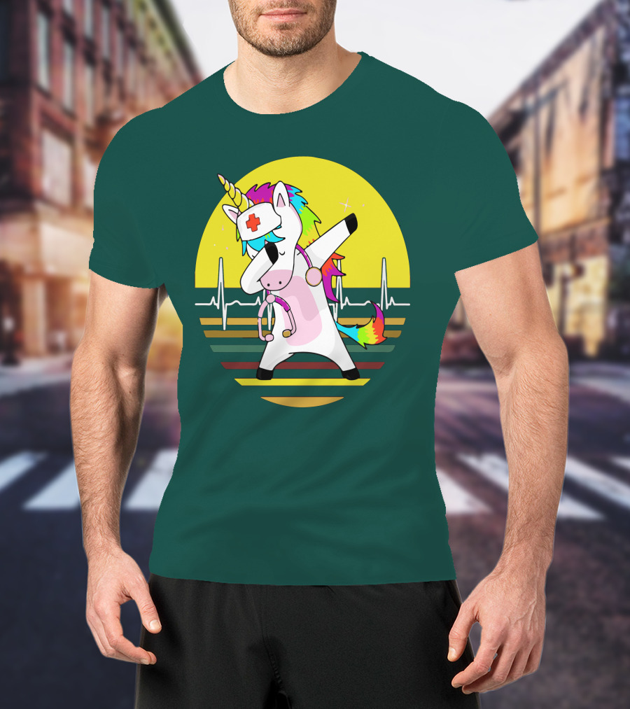 Unicorn Nurse Dabbing With Rainbow Stethoscope And Heartbeat Background T-Shirt