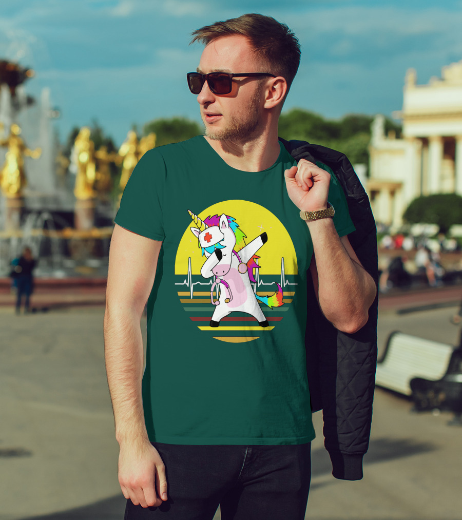 Unicorn Nurse Dabbing With Rainbow Stethoscope And Heartbeat Background T-Shirt