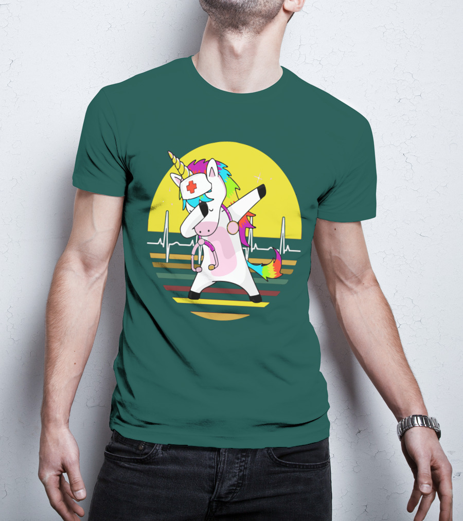 Unicorn Nurse Dabbing With Rainbow Stethoscope And Heartbeat Background T-Shirt