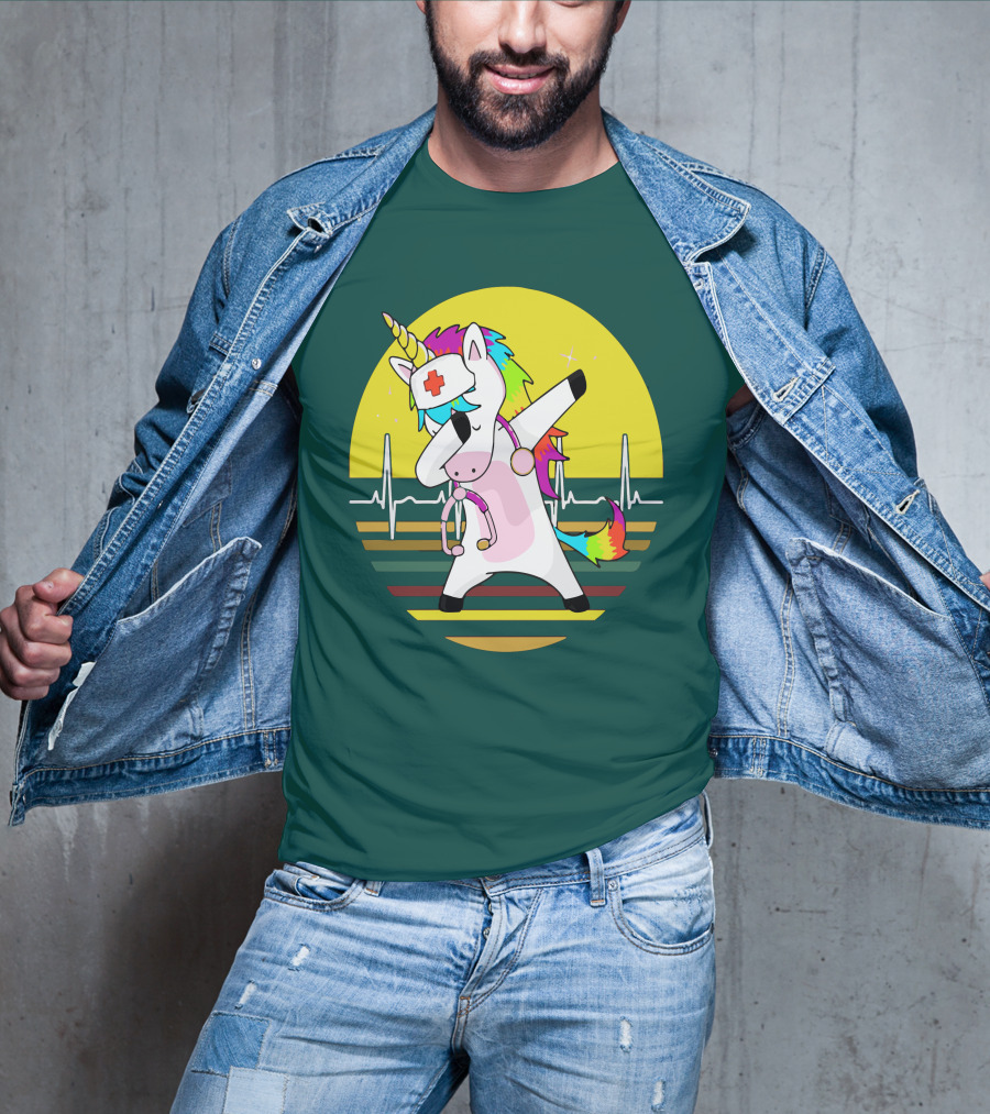 Unicorn Nurse Dabbing With Rainbow Stethoscope And Heartbeat Background T-Shirt