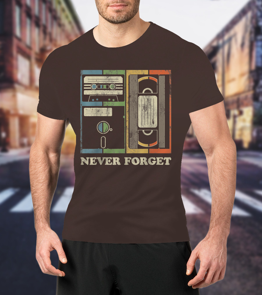 Never Forget Retro Vintage Cassette Floppy VHS Cool Funny Geeky Nerdy T-Shirt