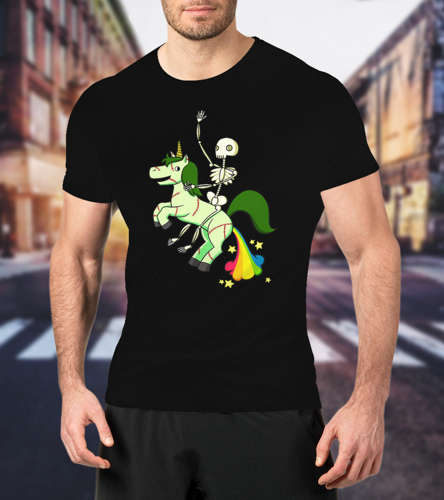 Skull Skeleton Riding Zombie Unicorn With Rainbow Tail And Green Mane T-Shirt