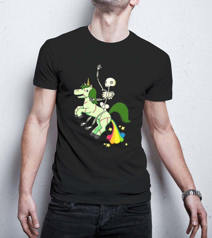 Skull Skeleton Riding Zombie Unicorn With Rainbow Tail And Green Mane T-Shirt