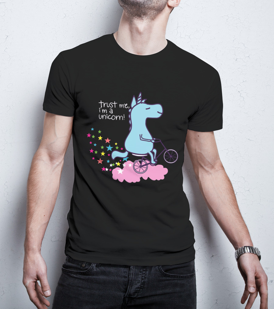 Trust Me I'm A Unicorn Riding Bicycle On Pink Cloud With Colorful Stars T-Shirt